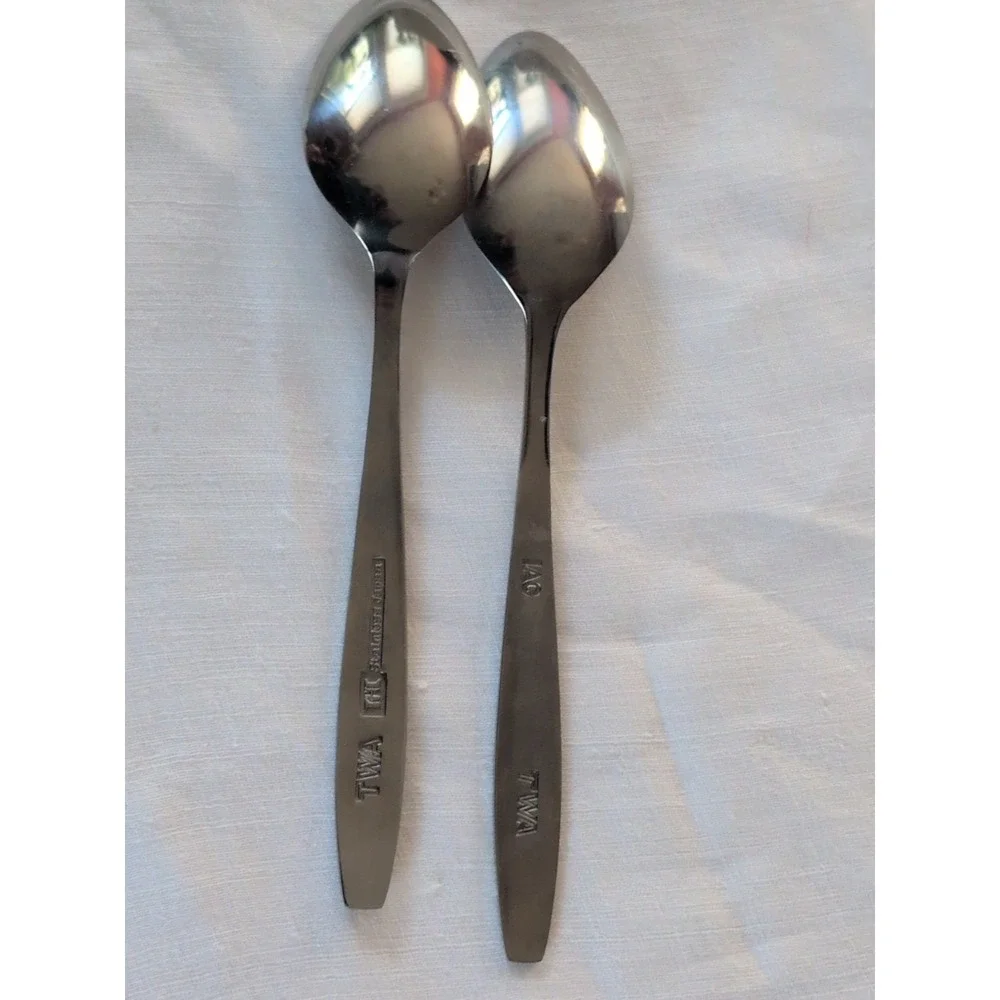 Vtg 1960's TWA 1st Class Silverware 2 Spoons IAG & THC Japan Flight Souvenir‎